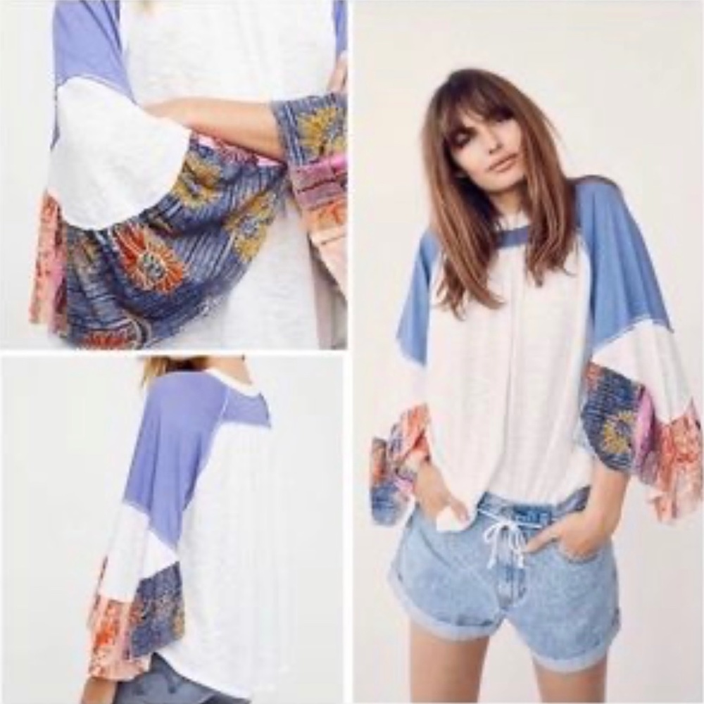 Like New [We The Free ✵ People] White Blue Orange Bell Sleeve Blouse Tee | Small